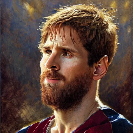 Image similar to attractive lionel messi as attractive king arthur pendragon, natural lighting, high quality, very detailed painting, by gaston bussiere, donato giancola, j. c. leyendecker