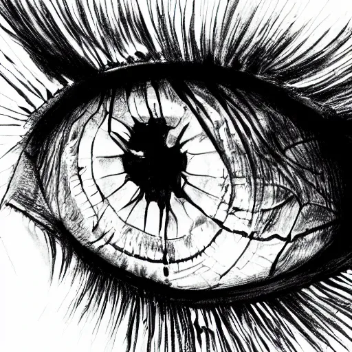 Prompt: highly detailed ink sketch of a human eye that is shattered like a mirror heavy black high contrast anatomical detail black and white