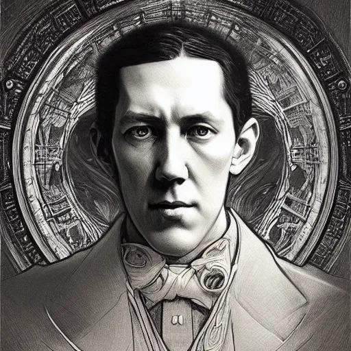 Image similar to amazing lifelike award winning pencil illustration of h. p. lovecraft trending on art station artgerm greg rutkowski alphonse mucha cinematic