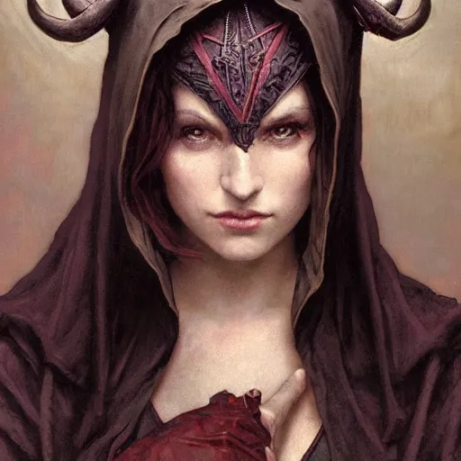 Prompt: masterpiece portrait of a clothed hooded surly and resentful female tiefling thief with horns under the hood, by Greg Rutkowski and John Collier and Krenz Cushart and Artem Demura and Alphonse Mucha and Albert Aublet, as seen on ArtStation, 4k, dungeons and dragons, very aesthetic, very detailed, intricate, unreal, fantasy, dramatic, painterly, artstation, sharp focus, smooth