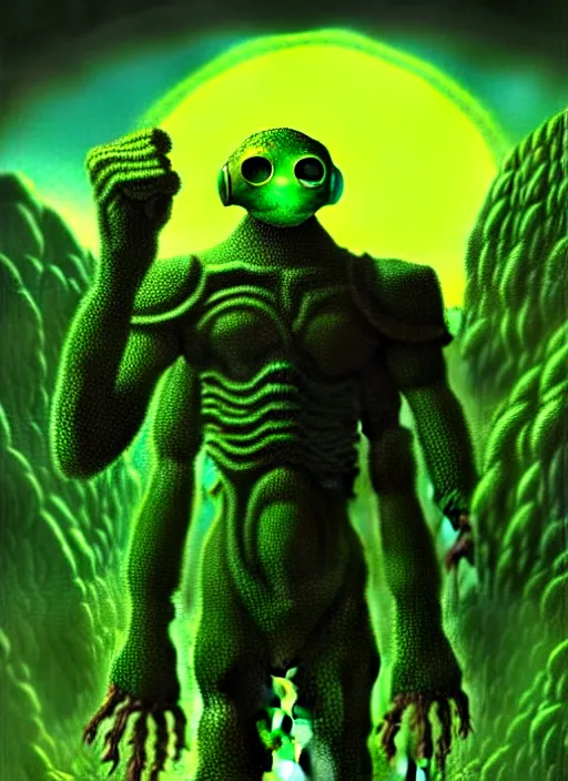 Image similar to portrait giant green humanoid with his fist up, brown armor, background ancient alien landscape, low angle, close up, concept art, intricate details, highly detailed, sci - fi poster, future, sci - fi art, in the style of chris foss, rodger dean, moebius, michael whelan, and gustave dore