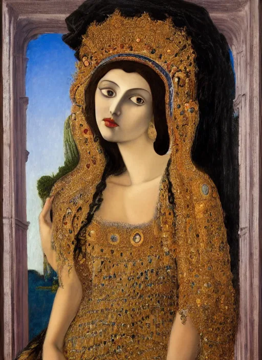 Image similar to oil painting of Queen of Ecstasy, Hungarian, curly dark hair, fair skin, veil by Georgia o Keeffe, by Marcel Jankowicz, by Botticelli, by Gustave Moreau,minimalist