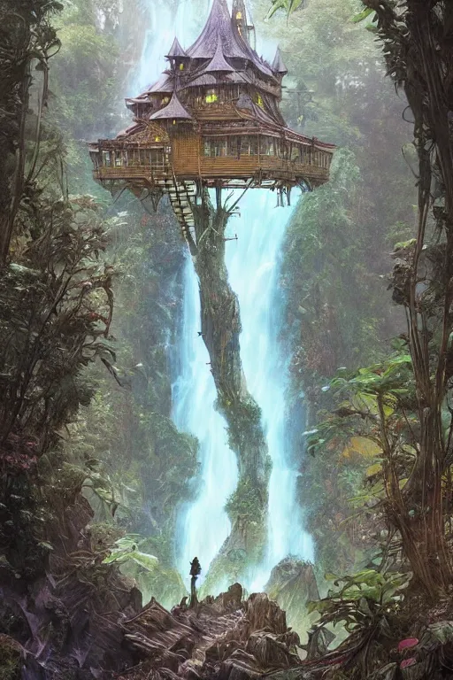 Prompt: a beautiful digital painting of an enormous fairy treehouse, crystal waterfall by greg rutkowski, gerald brom, marc simonetti, jean - baptiste monge, and alphonse mucha, symmetry, complementary colors, ink illustration, trending on artstation