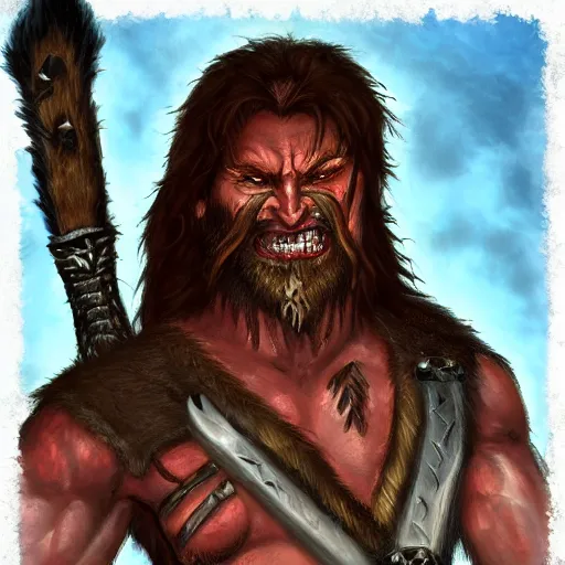 Image similar to Character portrait, face close up: Human Male Barbarian/Druid. Wolf, demon axe, hell. In the style of Ralph Horsley