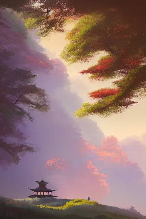 Prompt: Japanese Torii in a colorful moutain with trees ,morning , by Grzegorz Rutkowski, concept art