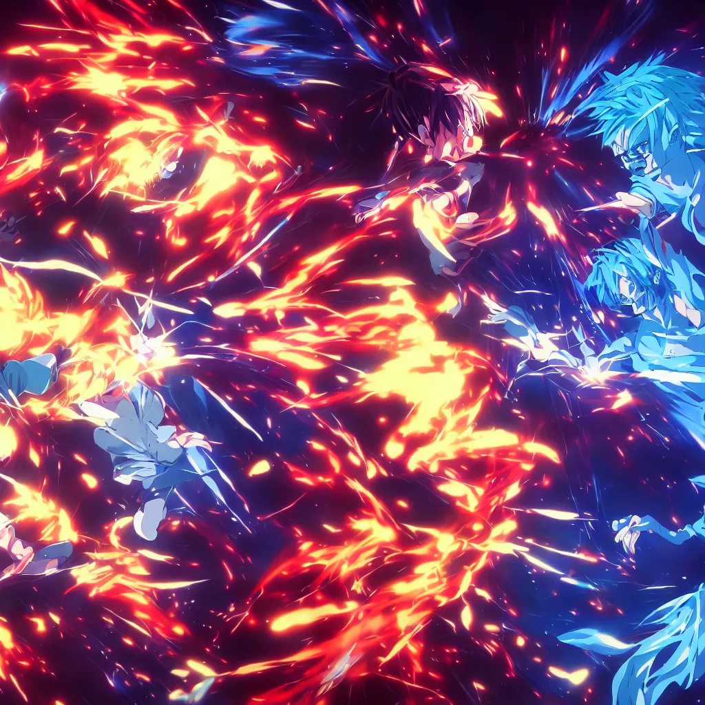 Prompt: a fight of two anime characters punching each other, deep rich colors, surreal, 8 k, award winning, digital art, vray, blur, cinematic, neon, cyberwave, hayao miyazaki, makoto shinkai and ilya kuvahinov