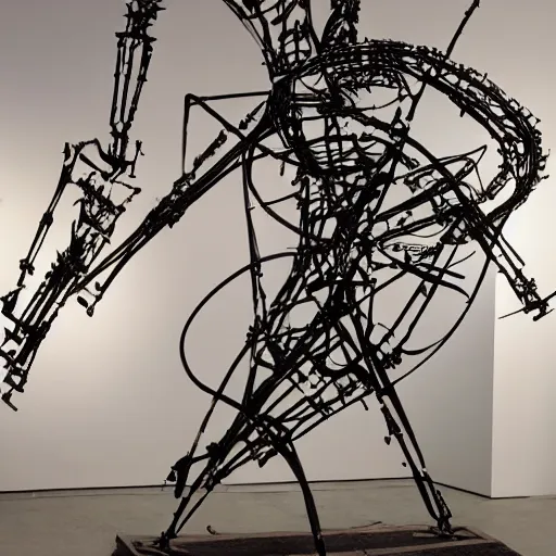 Prompt: a contemporary art sculpture of several tall man running with long arm and a big head, in the style of jean tinguely, medium shot, busy, made of intricate metal and wood, thick paint, intricate, dirty, leds, indoor, studio lighting, hyper realistic, detailed, 8 k