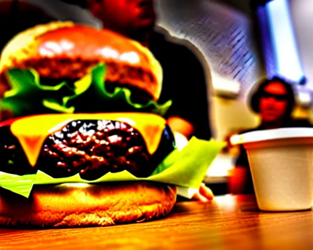 Prompt: big juicy burger, depth of field