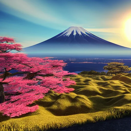 Image similar to mt fuji with the sun in the background, photorealistic, ultra - detailed, 4 k high resolution, hdr shot, unreal engine