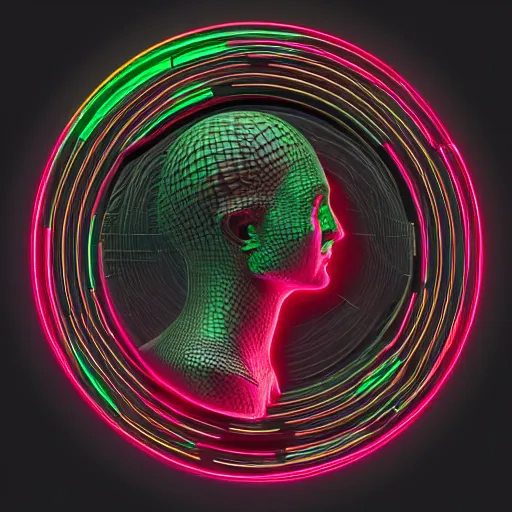 Image similar to a neon circle surrounding the head of a renaissance statue, 3 d render, black background, ray tracing, 8 k resolution, sharp focus, highly detailed, hyper realistic