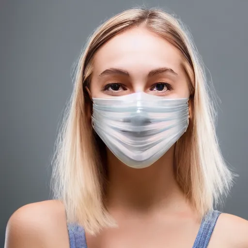 Prompt: a young blonde woman wearing a transparent glass mask