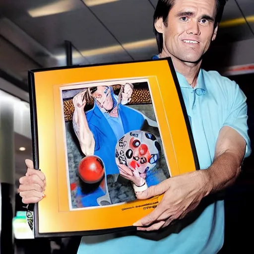 Prompt: a bowling carrier with a print of jim carrey