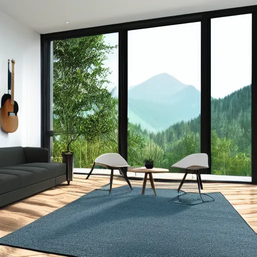 Prompt: a beautiful modern living room with wood floors, large windows with a beautiful view, an area rug, plants, forest, mountains, realistic, hd, 8 k, digital rendering, unreal engine, blender, octane, maya