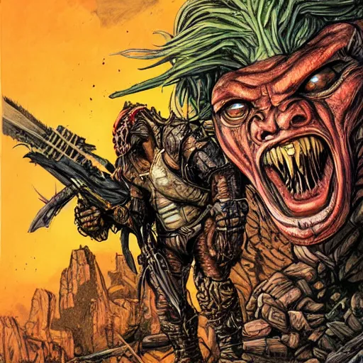Prompt: precisely drawn illustration of Predator blended with Warwick Davis, wide angle, sharp, fine details, French comic style, vibrant realistic colors, full color, heroic fantasy, intense line art, 8k, precise linework, realistic, in the style of Heavy Metal Comics and Richard Corben and Moebius