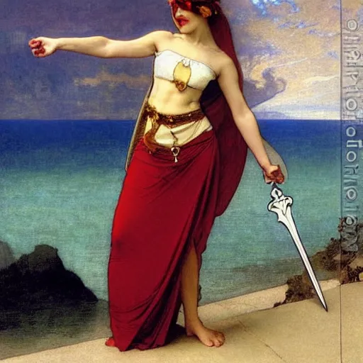 Image similar to A girl with jester clothes and a sword on the front of a Balustrade with a beach on the background, major arcana clothes, by paul delaroche, alphonse mucha and arnold böcklin arnold böcklin hyperrealistic 8k, very detailed