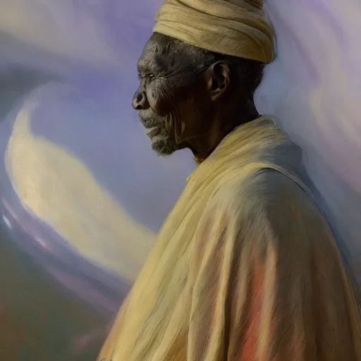 Image similar to a painting of a wise elder from Kenya by Henry Ossawa Tanner . dramatic angle, ethereal lights, details, smooth, sharp focus, illustration, realistic, cinematic, artstation, award winning, rgb , unreal engine, octane render, cinematic light, macro, depth of field, blur, red light and clouds from the back, highly detailed epic cinematic concept art CG render made in Maya, Blender and Photoshop, octane render, excellent composition, dynamic dramatic cinematic lighting, aesthetic, very inspirational, arthouse.