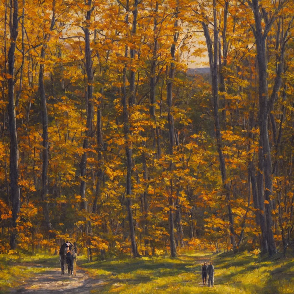 Prompt: modern american realist oil painting of walking together in the late afternoon golden hour light of gatineau park in october