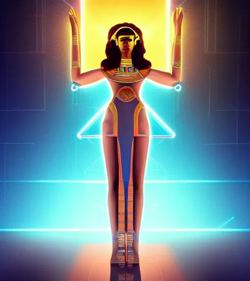 Image similar to symmetry!! egyptian princess of technology, solid cube of light, hard edges, product render retro - futuristic poster scifi, lasers and neon circuits, brown skin gorgeous egyptian princess, intricate, elegant, highly detailed, digital painting, artstation, concept art, smooth, sharp focus, illustration, dreamlike, art by artgerm