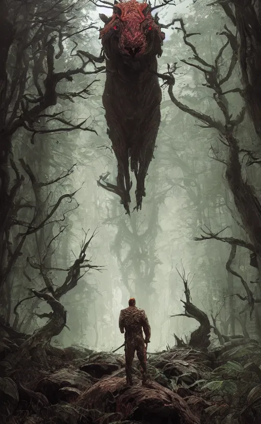 Image similar to portrait of hunting grounds in forest, symmetrical face features, front game card, drark, marvel comics, dark, intricate, highly detailed, smooth, artstation, digital illustration by ruan jia and mandy jurgens and artgerm and wayne barlowe and greg rutkowski and zdislav beksinski