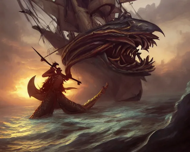 Image similar to pirate fighting a sea monster, deep focus, d & d, fantasy, intricate, elegant, highly detailed, digital painting, artstation, concept art, matte, sharp focus, illustration, hearthstone, art by artgerm and greg rutkowski and alphonse mucha