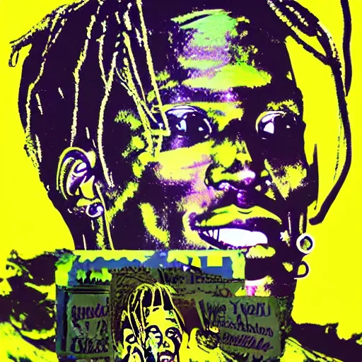 Image similar to andy warhol pop art travis scott gold chain detailed cell shaded