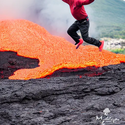 Image similar to elderly man jumping over a lava flow, jump, stunt, volcano, hot, eruption, magma, lava, canon eos r 3, f / 1. 4, iso 2 0 0, 1 / 1 6 0 s, 8 k, raw, unedited, symmetrical balance, wide angle