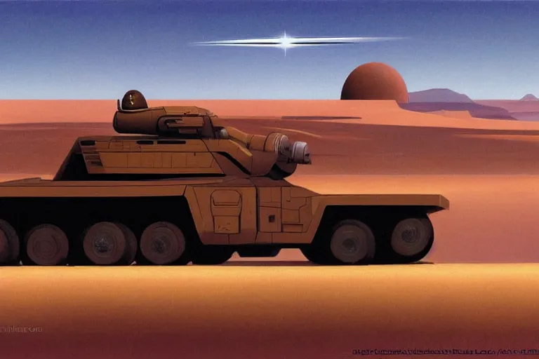 Image similar to a futuristic troop transport with eight wheels and a huge laser cannon on top driving across a vast desert, painting by ralph mcquarrie