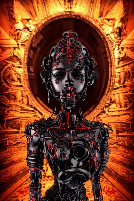 Image similar to full-body cyberpunk style sculpture of a young beautiful dark priestess, half android with a head opening exposing circuitry, glowing red eyes, black roses, flowing blood red colored silk, fabric, candles. baroque elements, human skull. full-length view. baroque element. intricate artwork by Caravaggio. crows flying in background. Trending on artstation, octane render, cinematic lighting from the right, hyper realism, octane render, 8k, depth of field, 3D