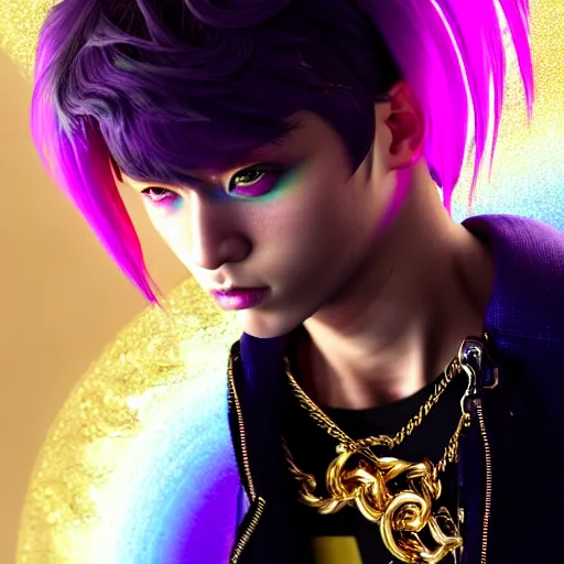 Image similar to hyperdetailed portrait of a stunningly beautiful cyberpunk cutie european boy with short dark hair guard made of iridescent metals and shiny pink gems, bright rainbow nimbus, gold necklace, gold background inspired by ross tran and masamune shirow and kuvshinov, intricate, photorealistic, octane render, rtx, hdr, unreal engine, dnd digital art by artgerm