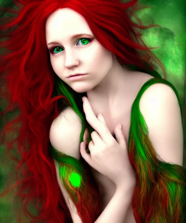 Prompt: Fae teenage girl, portrait, face, long red hair, green highlights, fantasy, intricate