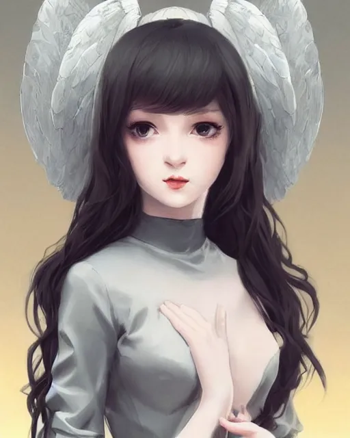 Image similar to ilya kuvshinov. an infinitely detailed portrait of a frail and pale female peace angel elegantly. fully - clothed full - body, beautiful! scenery art!! coherent! by wlop. victorian armor trim, cold color palette, artstation / pixiv!! elegantly armored angel portrait full - body, dreamy art