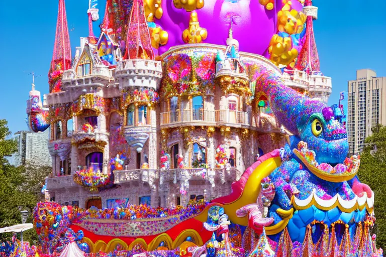 Image similar to photo of giant beautiful elaborate parade float castle designed by lisa frank and geof darrow, in the macys parade, detailed 4 k photo, gigapixel, hyperdetailed