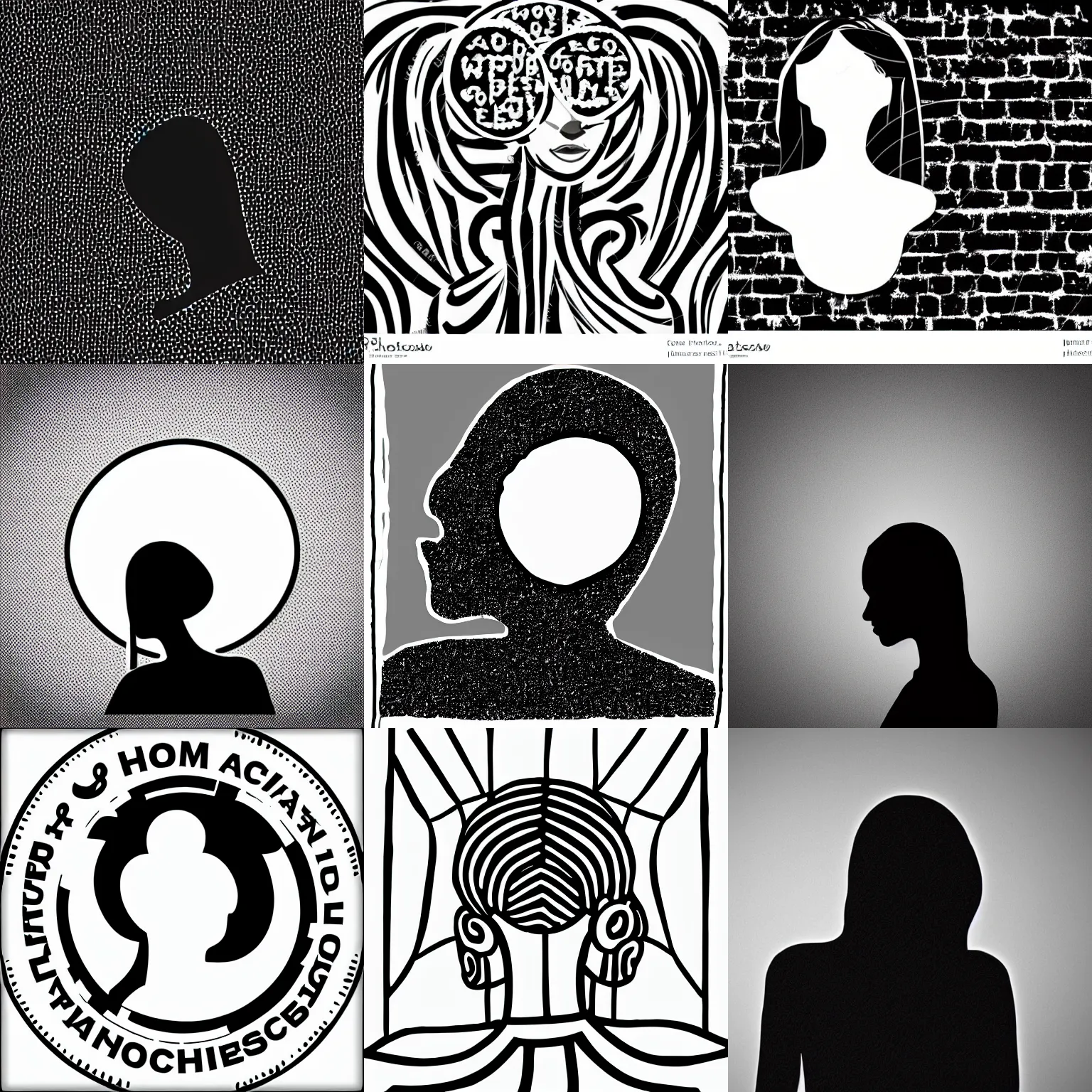 Prompt: black and white logo of faceless woman head and shoulders, central composition
