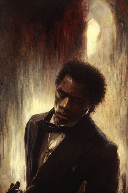 Prompt: portrait of a contract killer, a black man in a pristine white dress shirt. his eyes are collapsing black pits of darkness. horror. art by gaston bussiere.