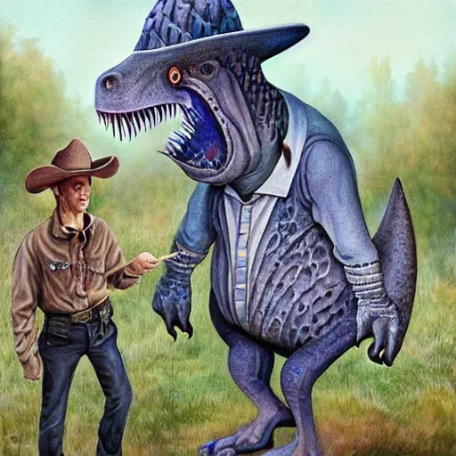 Image similar to dinosaur as a cowboy, artwork by Daniel Merriam,