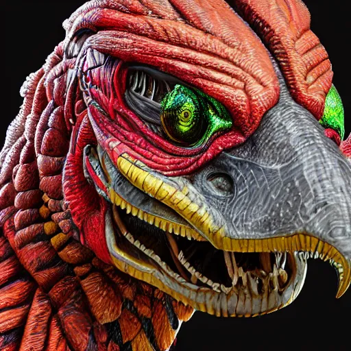Image similar to 8k ultra realistic Illustration of a complete raptor with shining red eyes, detailed intricate ornate armour, decaing, cybernetic body, full of colour, cinematic lighting, battered, trending on artstation, 4k, hyperrealistic, focused, extreme details, unreal engine 5, cinematic, masterpiece