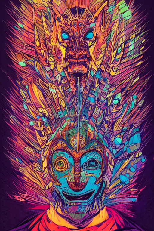 Image similar to totem animal tribal chaman vodoo mask feather gemstone plant wood rock video game illustration vivid color borderlands by josan gonzales and dan mumford radiating a glowing aura