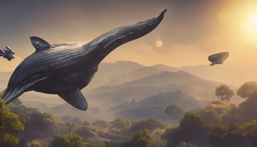 Image similar to highly detailed cinematic scifi render of a flying whale over the tuscany skies, cypresses and hills, stars and planets, hyper detailed, digital art, led lighting, studio quality, smooth render, unreal engine 5, octane render, trending on artstaion.