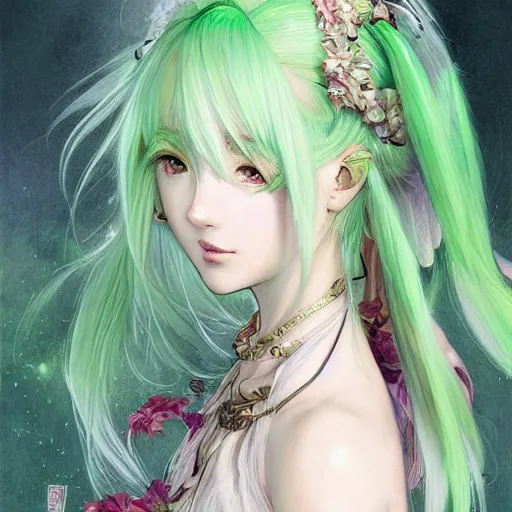 Image similar to girl with long light green hair, light green eyes, a small pigtail on the left side, chinese dress, anime style, hyper detailed, illustration, digital painting, art by artgerm and greg rutkowski and alphonse mucha, high delicate defined details, anime stylized, highly detailed, realistic, sharp focus, artstation