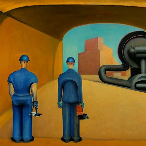 Image similar to drab human workers mining ore, watched by fascist robot overlords, brutalist tunnel, dystopian, pj crook, edward hopper, oil on canvas