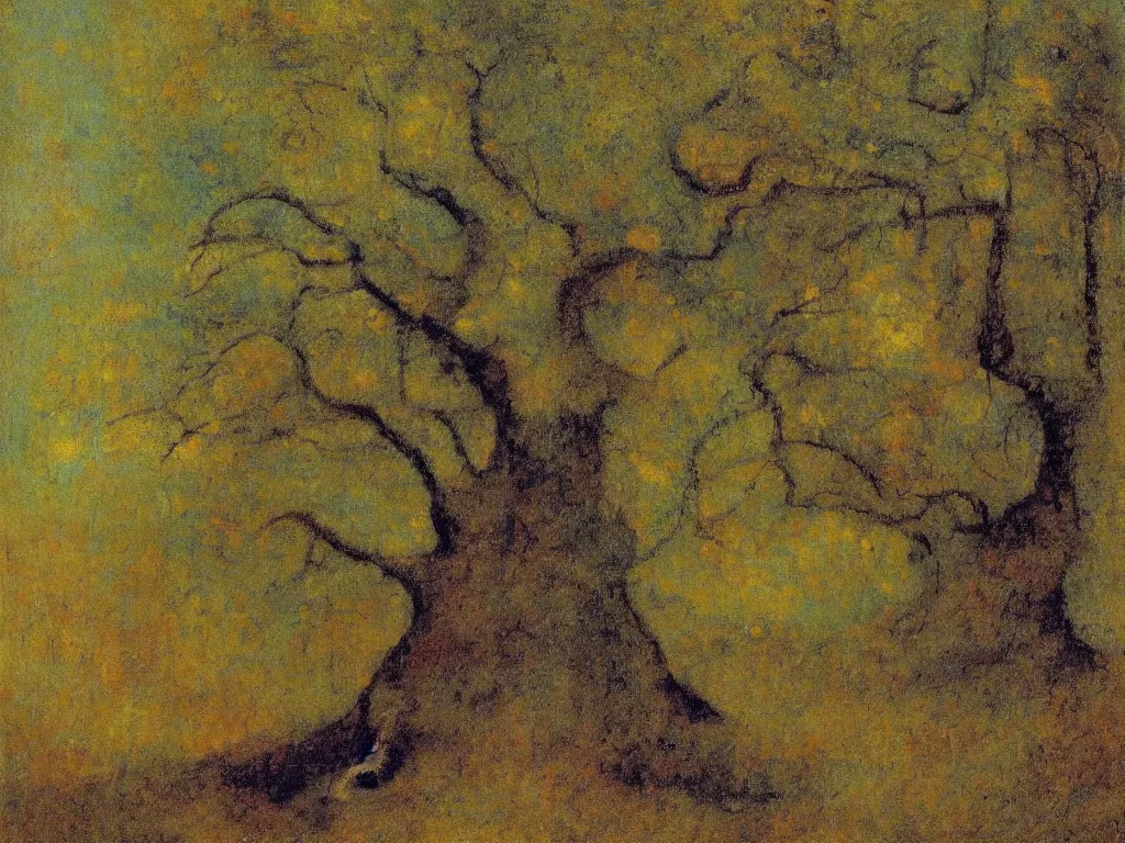 Image similar to portrait of an old tree. painting by odilon redon