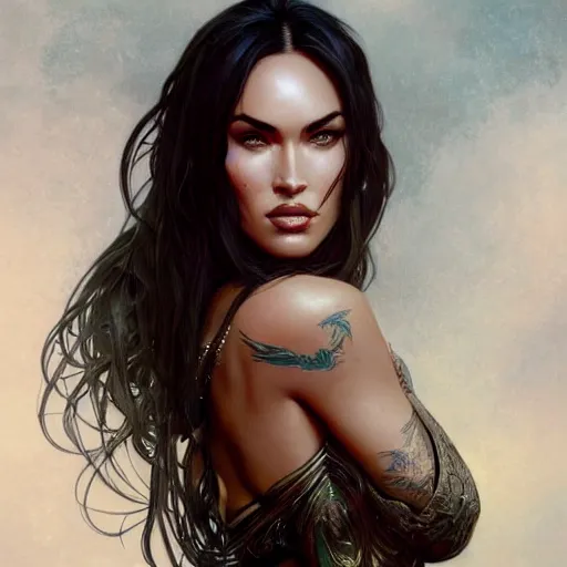 Image similar to portrait of Megan Fox, fantasy, intricate, elegant, highly detailed, digital painting, artstation, concept art, smooth, sharp focus, illustration, art by artgerm and greg rutkowski and alphonse mucha