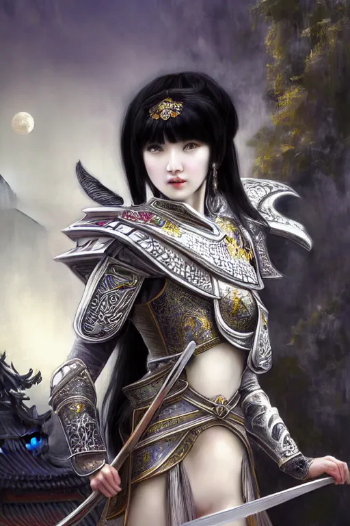 Prompt: portrait black hair young knights of Dynasty Warriors girl, matt white color armor, in ruin chinese temple rooftop moon magic night, ssci-fi and fantasy, intricate and very beautiful and elegant, highly detailed, digital painting, soft light, artstation, concept art, smooth and sharp focus, illustration, art by tian zi and WLOP and alphonse mucha