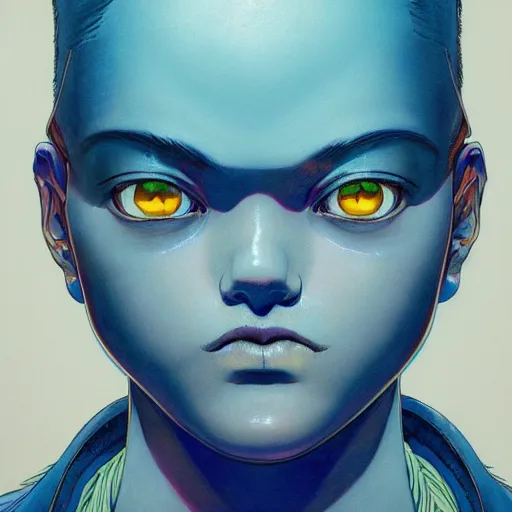 Image similar to prompt : blue portrait soft light painted by james jean and katsuhiro otomo and erik jones, inspired by evangeleon anime, smooth face feature, intricate oil painting, high detail illustration, sharp high detail, manga and anime 1 9 9 0