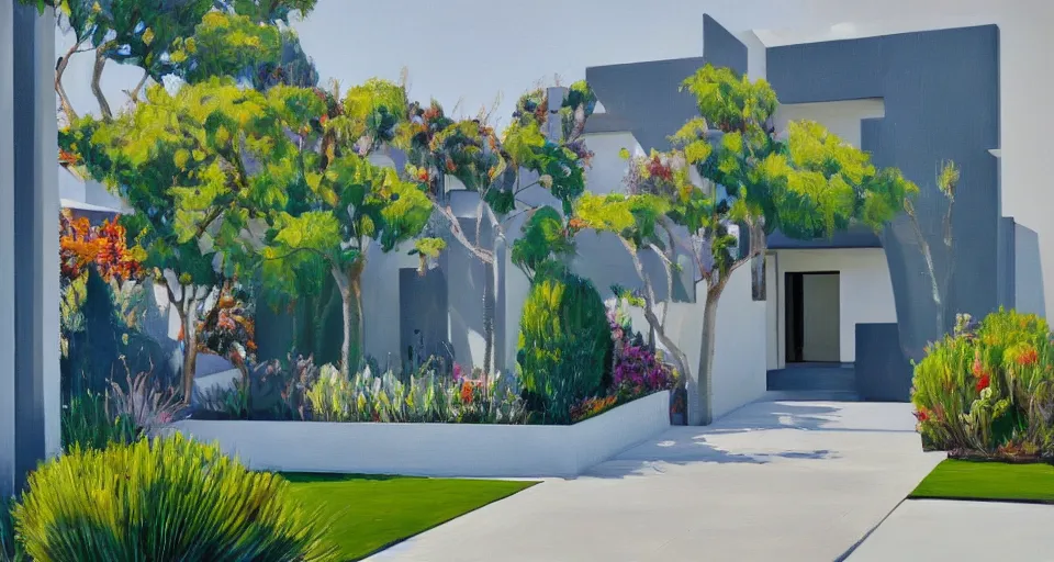 Prompt: an extremely expensive modern home in a very rich neighborhood in San Francisco, beautiful garden out front, modernist design, beautiful painting, oil on canvas, by Ewa Czarniecka, award winning masterpiece,