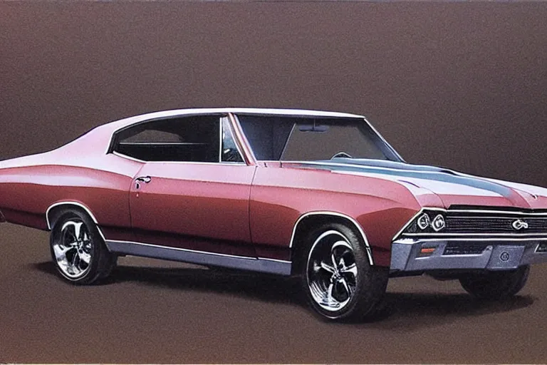 Image similar to intricate, 3 d, 1 9 6 7 chevelle, style by caspar david friedrich and wayne barlowe and ted nasmith.