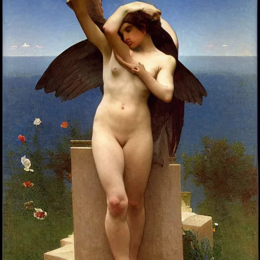 Prompt: stairway to heaven, dynamic contrapposto, william - adolphe bouguereau, alphonse mucha