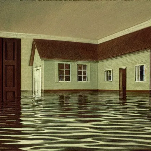 Image similar to painting of the inside of a flooded house, by Quint Buchholz