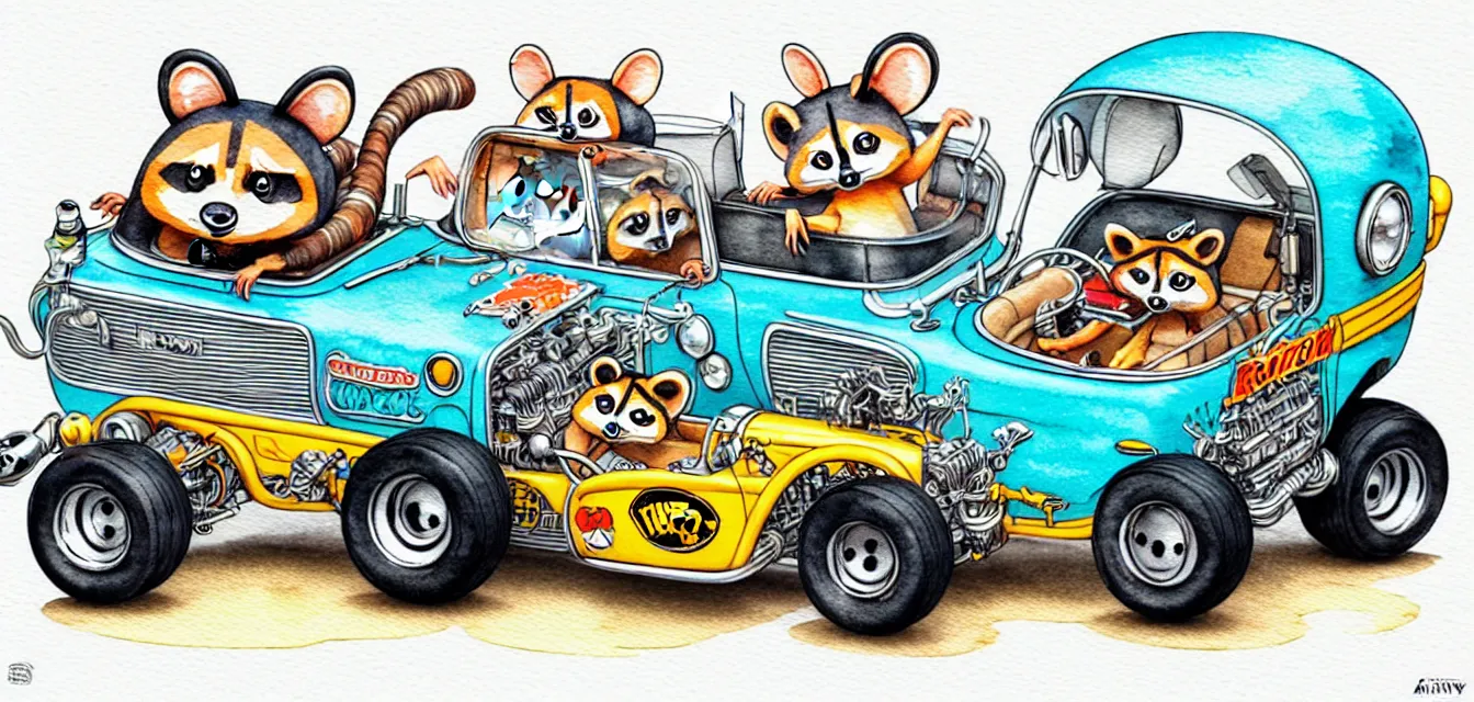 Image similar to cute and funny, racoon riding in a tiny hot rod with oversized engine, ratfink style by ed roth, centered award winning watercolor pen illustration, isometric illustration by chihiro iwasaki, edited by range murata, tiny details by artgerm and watercolor girl, symmetrically isometrically centered