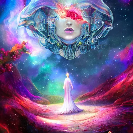 Image similar to somewhere in the cosmos we shall meet beautiful magical details and accents, astral cosmic illustration, by pablo amaringo, amazing background, cinematic lighting, colorful textured detail, wonderland storybook illustration, sharp images, 3 - d 8 k, high resolution, in the style of anne stokes, giger, adi granov, elena masci, pawel rebisz